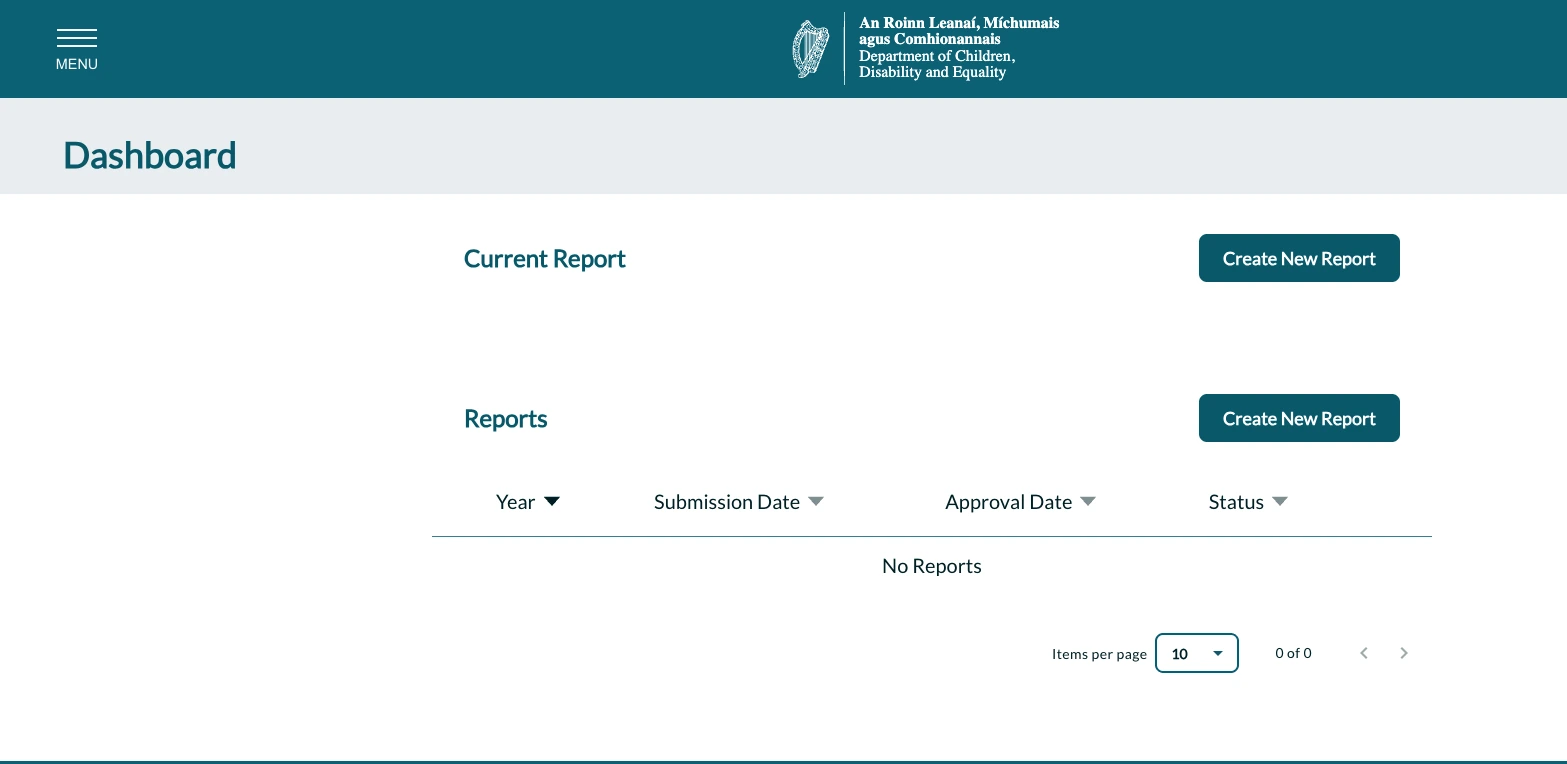 Government reporting portal dashboard showing current report status and a reports history table